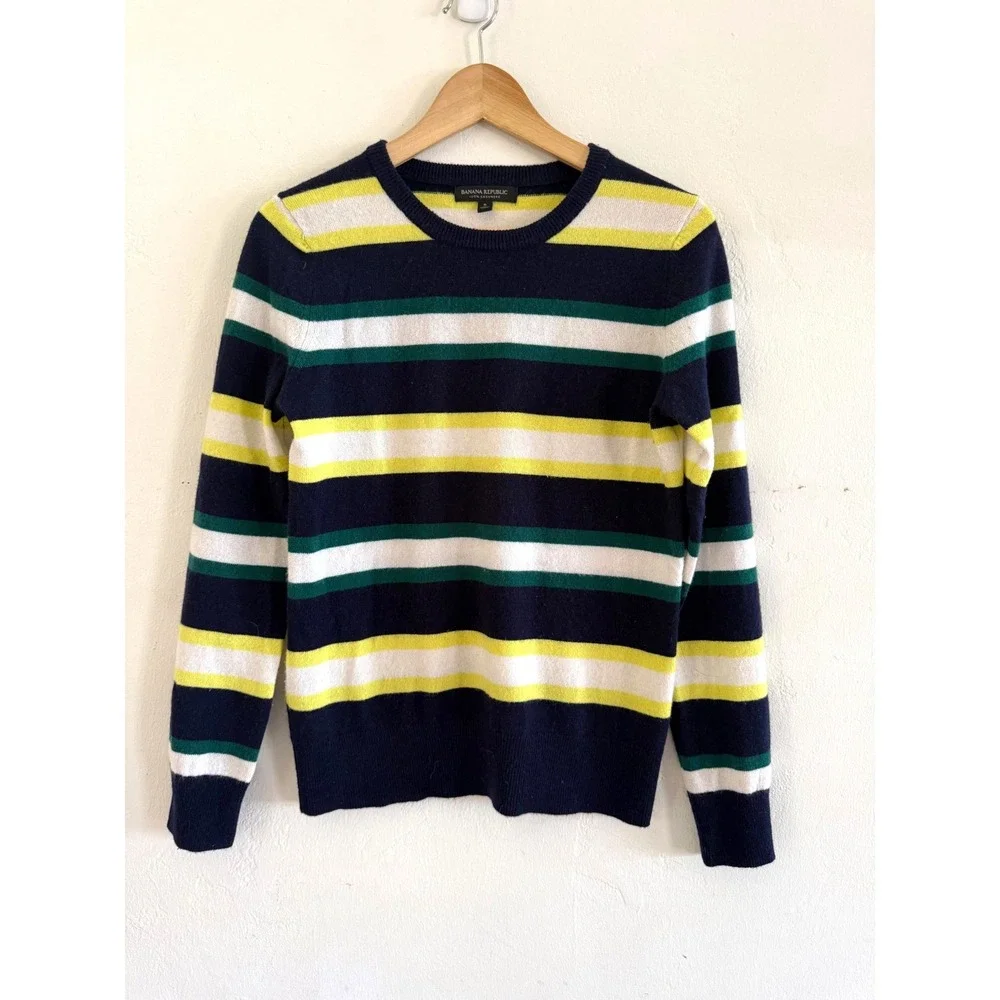 Banana Republic 100% Cashmere Striped Crew Neck Sweater Navy Green Yellow Small